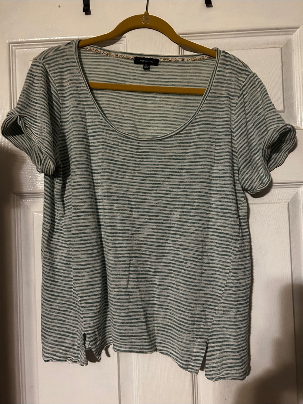 Verve Ami Striped Scoop Neck Short Sleeve Top - Green & White